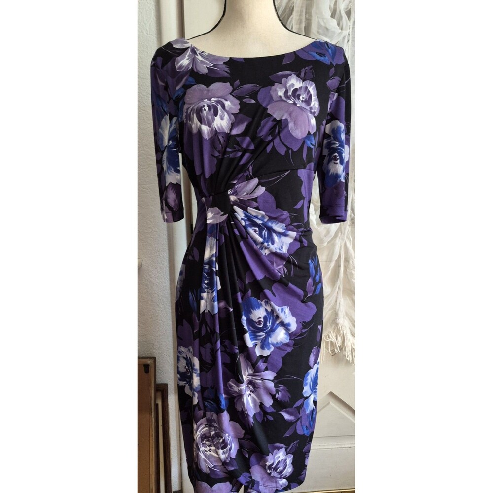 Connected Purple Floral Twist-Front Elbow-Sleeve Dress